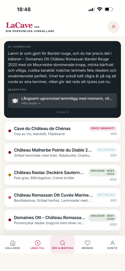 AI-sommelierns analys och vinförslag i La Cave Pro