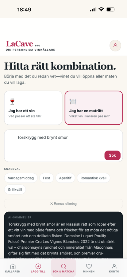 Sökning från maträtt till vin i La Cave Pro