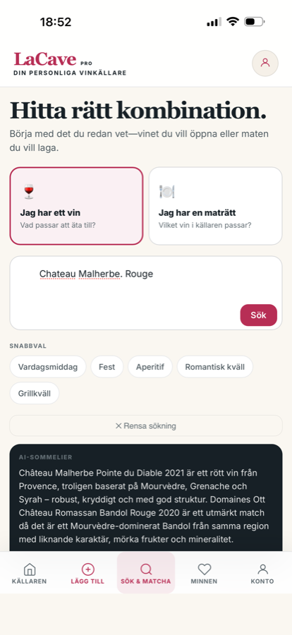 Sökning från vin till maträtt i La Cave Pro